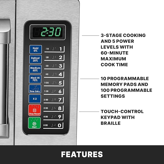 Waring Commercial WMO90 Medium Duty Microwave Oven, 0.9 Cubic Feet, 10 Programmable Memory Settings, 5 Power Levels, Stainless Steel Construction, 120V, 1000W, 5-15 Phase Plug