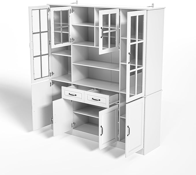 MU Kitchen Storage Cabinet with Glass Doors, Large China Hutch with 2 Drawers & 5 Adjustable Shelves, Kitchen Pantry Hutch for Home Office, Living Room, White (15.8" D x 63" W x 70.9H)