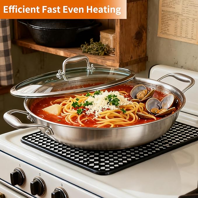 DELARLO Tri-Ply Stainless Steel Wok 13in Nonstick Deep Wok Pan with Lid,Stir-Fry Pans,5.5QT Cooking Pot induction Large woks,Compatible with All Cooktops Up to 550째F(Double Handle)