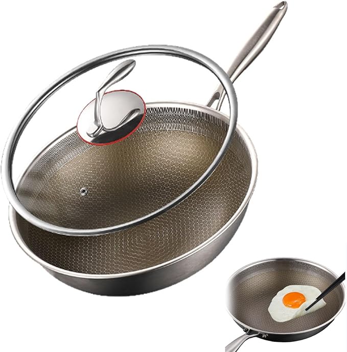 Titanium Wok, Multifunctional Ultra-Durable Scratch-Resistant Non Stick Even Heating Titanium Wok for Cooking, Titaniums Nutri Pans Compatible with All Cooktops,with lid,14.17in