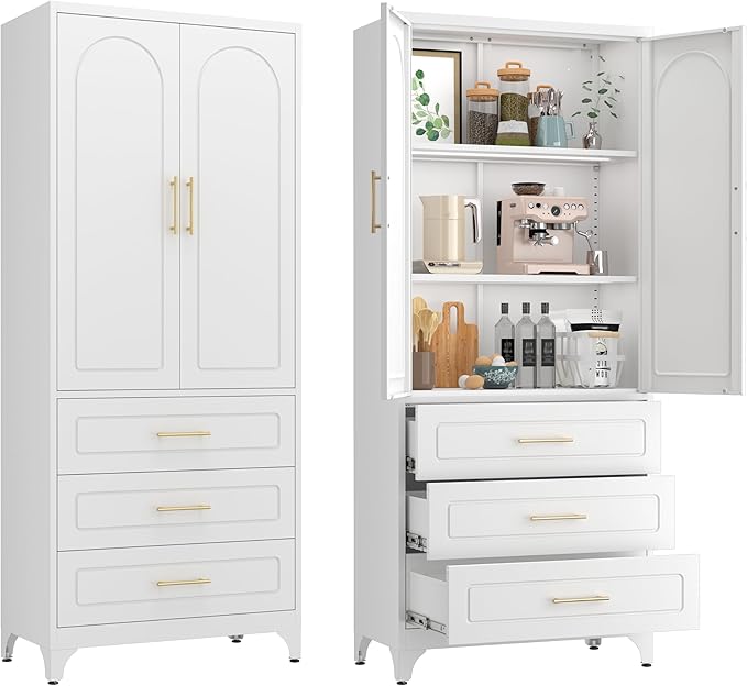 75??Tall Kitchen Pantry Cabinet,Metal Storage Cabinets with Doors and Adjustable Shelves,Modern Kitchen Hutch Cabinet,Freestanding Cupboard for Dining Room