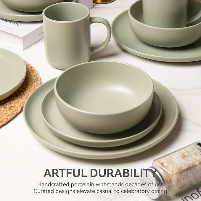 Furrnook 12-Piece Stoneware Dinnerware Set with Mugs | Microwave and Dishwasher Friendly | Stackable Matte Glaze Plates & Bowls | Service for 4