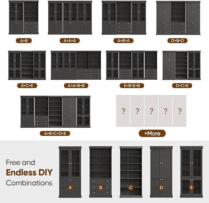 Vyre 70.8" Tall Farmhouse Bookshelf with Glass Doors, Modular Bookcase with 6-Tier Adjustable Shelves, Large Storage Cabinet for Kitchen, Living Room, Black, Set of 2
