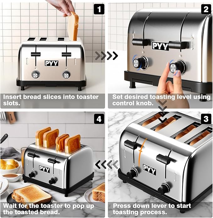 PYY Commercial Toaster 4 Slice for Restaurant - Wide Slots 1.57 inch Stainless Steel 6-Level Setting, 225 Slices/Hour 1800W - Bread, Bagels, Breakfast, Toast