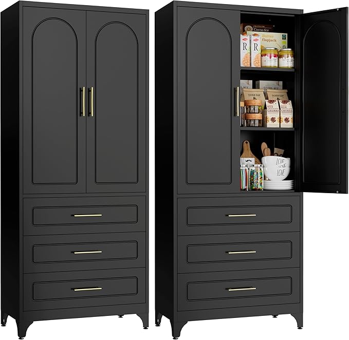 Metal Kitchen Pantry Storage Cabinet with 3 Drawers竊?5 Inch Black Food Pantry Cabinets for Kitchen Storage with 2 Adjustable Shelves,Tall Storage Cupboard for Living Room,Dining Room Office