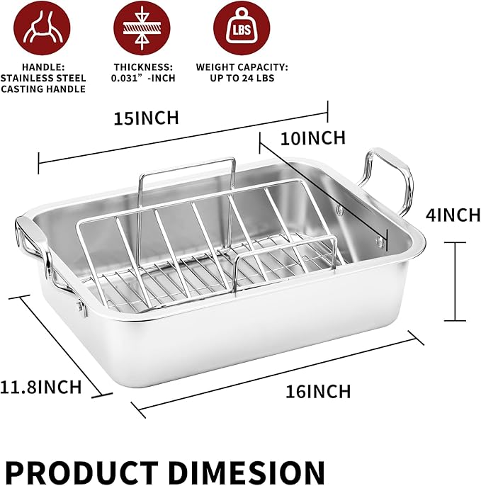 Roasting Pan with Cooling Rack - Stainless Steel Large Turkey Roaster Pan for Turkey, Chicken, Ham Roaster with V-Shaped Baking Rack Heavy Duty Dishwasher Safe