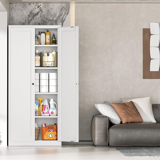 INTERGRAET Kitchen Pantry Cabinet, 63" Tall Metal Pantry Storage Cabinets with 2 Doors and 4 Shelves, White Metal Storage Cabinet,Cupboard for Home,Kitchen,Living Room/Dining