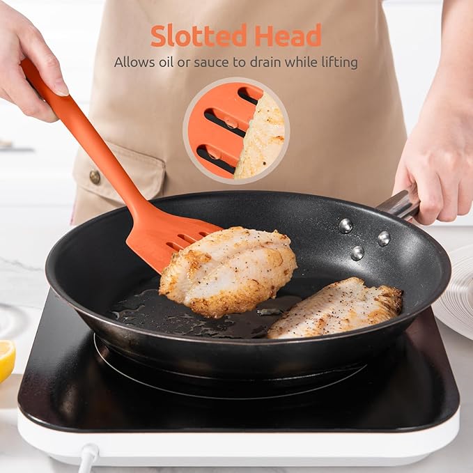 600쨘F Heat Resistant Silicone Turners: U-Taste 13.6in Long Solid & Slotted Kitchen Spatula Flipper, Large Flexible Cooking Utensil for Flipping Egg, Pancake in Nonstick Cookware(Orange, 2PCS)
