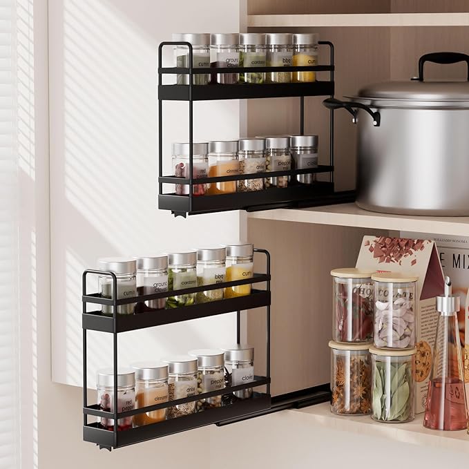 Finnhomy Pull Out Spice Racks for Inside Cabinets, Whole Metal Manufacturing, Vertical Spice Rack Pull Out, Spice Organizer, 2.16" W 횞 10.39" D 횞 9.76" H, 2 Drawers & 2 Tiers, 2 Pack, Black