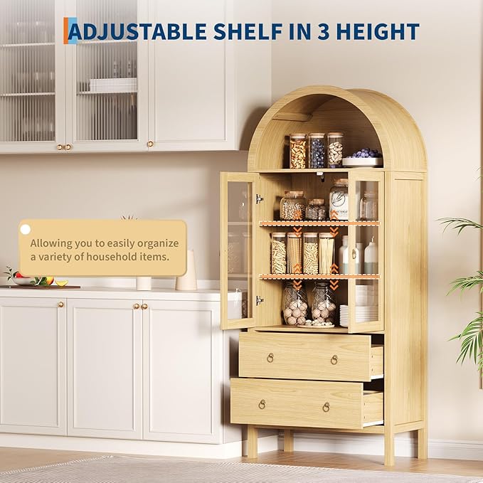 CuisinSmart 71" Display Arched Storage Cabinet, Kitchen Pantry with Tempered Glass Doors, 2 Large Drawers and Adjustable Shelves, Arched Bookshelf Cabinet for Dining Room Kitchen Office- Natural
