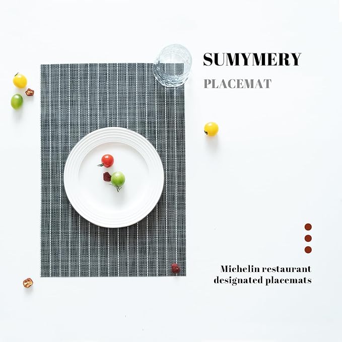 SUMYMERY Placemats Set of 6 Vinyl/Plastic Woven Place Mats for Kitchen Table Indoor/Outdoor Washable Placemat Wipeable Dining Table Mats (Black Stripes,6)