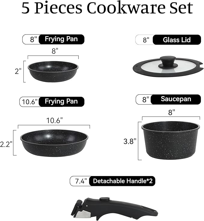 5PCS Pots and Pans Set Non Stick, Kitchen Cookware Sets with Detachable Handle, Ceramic Cookware Sets, Non Stick RV Cookware Cooking Set, Dishwasher 竊?Oven Safe, PFOA Free, Black