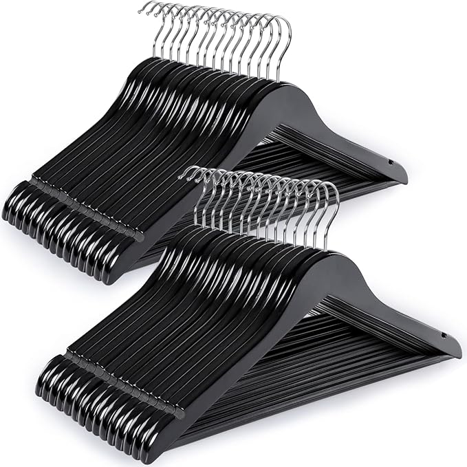 TOPIA HANGER Wooden Coat Hangers 30 Pack, Black Wood Suit Hangers with Non Slip Pants Bar, 360째 Swivel Hook and Shoulder Notches for Camisole, Jacket, Pants, Smooth Finish Clothes Hangers -CT34B30
