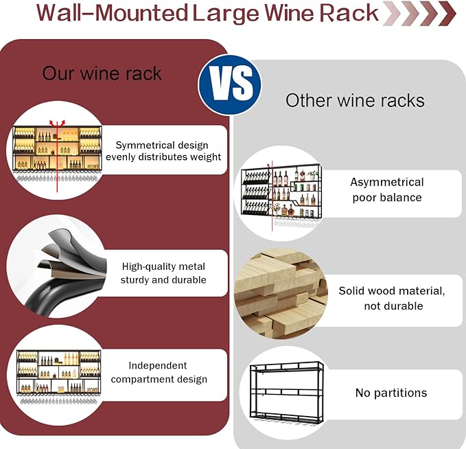 3 Tier Large Wine Rack Wall Mounted, Modern Industrial Liquor Bottle Display Shelves, Metal Bar Shelf with Wine Glass Rack, Black, for Home Kitchen, Dining and Bar