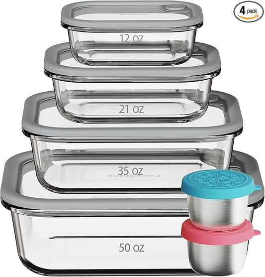 Glass Food Storage Containers with Silicone Glass Lids, 304 Stainless Steel Salad Dressing Containers, Microwave-safe LeakProof Food Containers Set, 100% Plastic Free-4-pack（Grey）