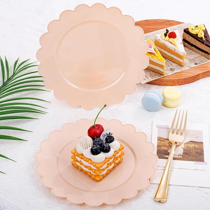SUT 72-Count Pink Plastic Plates Disposable 7.5 Inch - Scalloped Edge Dessert Plates for Valentine?셲 Day, Parties, Birthdays, Weddings | Lightweight & Durable Disposable Dinnerware (72 Pack)