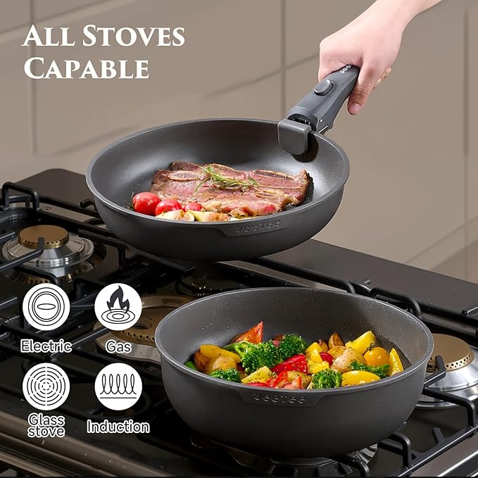 JEETEE 20pcs Titanium Reinforced Pots and Pans Set Non Stick, Nonstick Cookware Set with Detachable Handle, Induction Kitchen Cookware Sets Removable Handles, RV Cooking Set, Oven/Dishwasher Safe