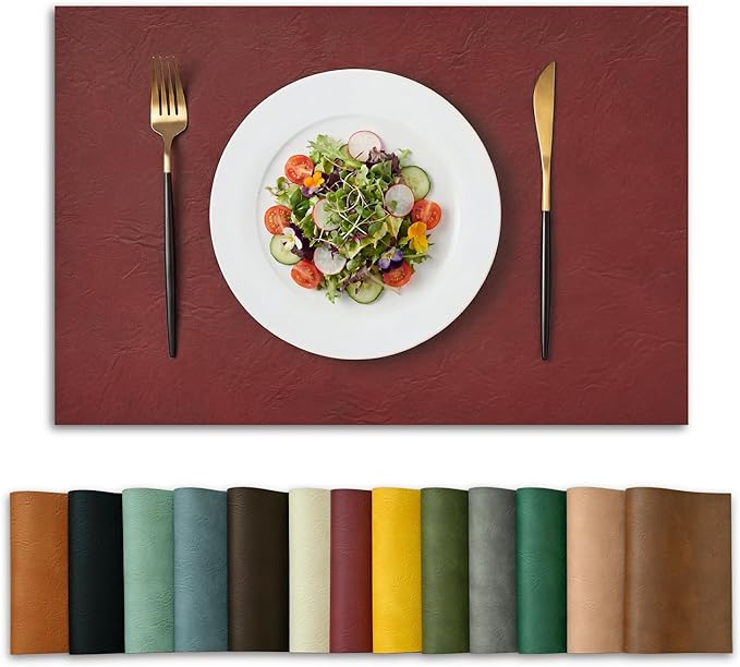 Artoid Mode Red Faux Leather Placemats Set of 6, 12x18 Inch Waterproof Wipeable Heat Resistant Place Mats, Reversible Table Mats for Christmas Kitchen Dining Decor