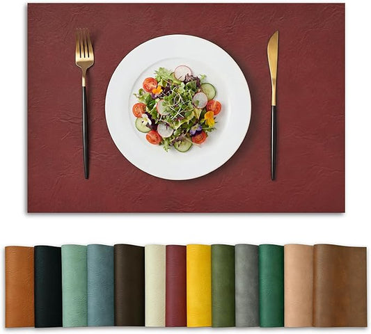 Artoid Mode Red Faux Leather Placemats Set of 4, 12x18 Inch Waterproof Wipeable Heat Resistant Place Mats, Reversible Table Mats for Christmas Kitchen Dining Decor