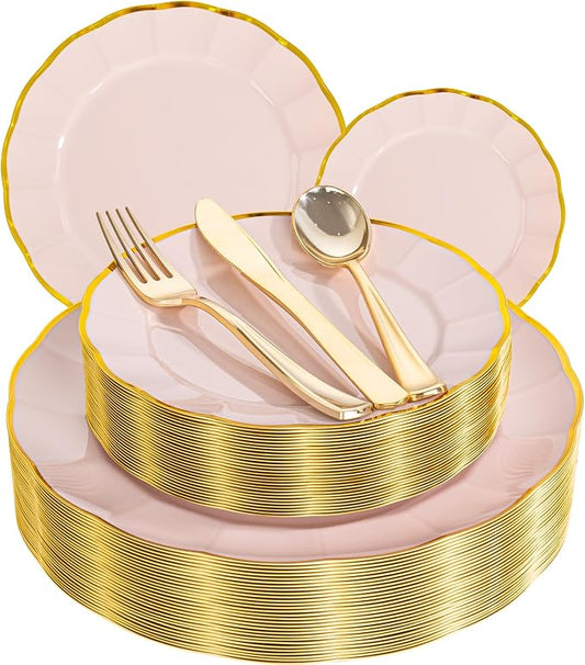 EI 150pcs Pink Plastic Plates with Gold Plastic Silverware,Pink Party Plates,Heavy Duty Plate Disposable,Gold Dinnerware Set for Birthday, Afternoon Tea,Wedding