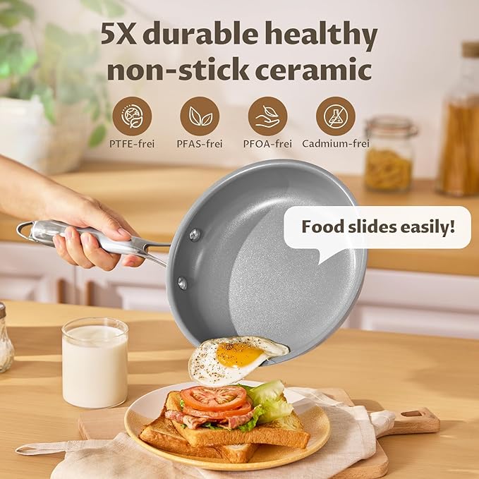 Non Stick Frying Pans Set, Ceramic Frying Pans Nonstick with Lid, Molecular-bonded Induction Base, Induction Cookware PFOA/PTFE Free, 8" 10" 11" Non Stick Skillet Set, Compatible with All Stovetops