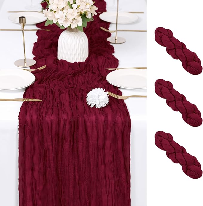 RealBox 3 Pack Burgundy Cheesecloth Table Runner 17x108 Inch Semi Sheer Boho Gauze Cheese Cloth Fabric Table Runners Table Decor for Wedding Party Baby Shower Birthday Home Decor Garden Farmhouse