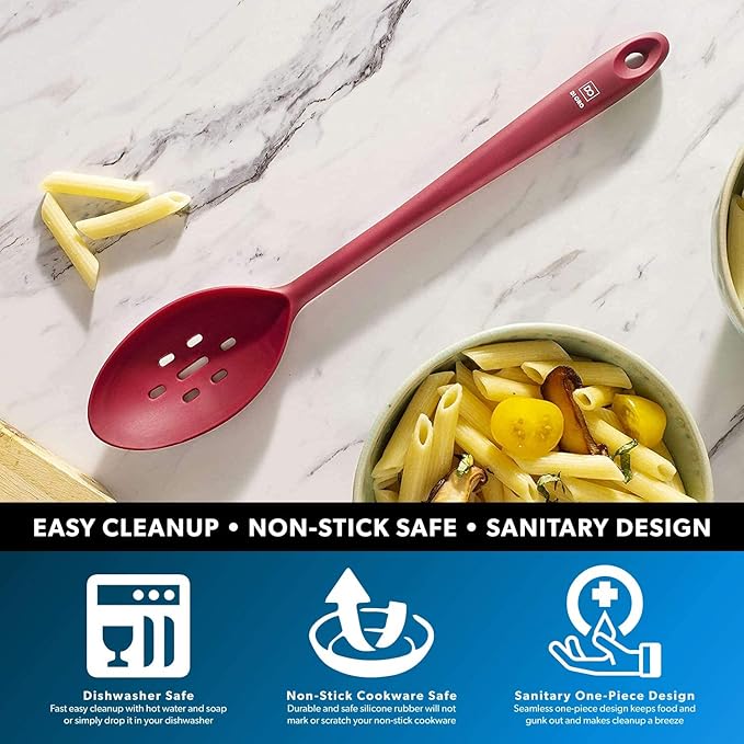 DI ORO Silicone Slotted Spoon - 600째F High Heat Silicone Spoon for Cooking Nonstick Cookware Safe - Silicone Kitchen Spoon for Serving & Stirring - Large Spoon for Mixing - Dishwasher Safe (Red)