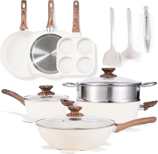Sweetcrispy 17 Pcs Nonstick Pots and Pans, Non-toxic Kitchen Cooking Set with Stay-Cool Handles, Cream White