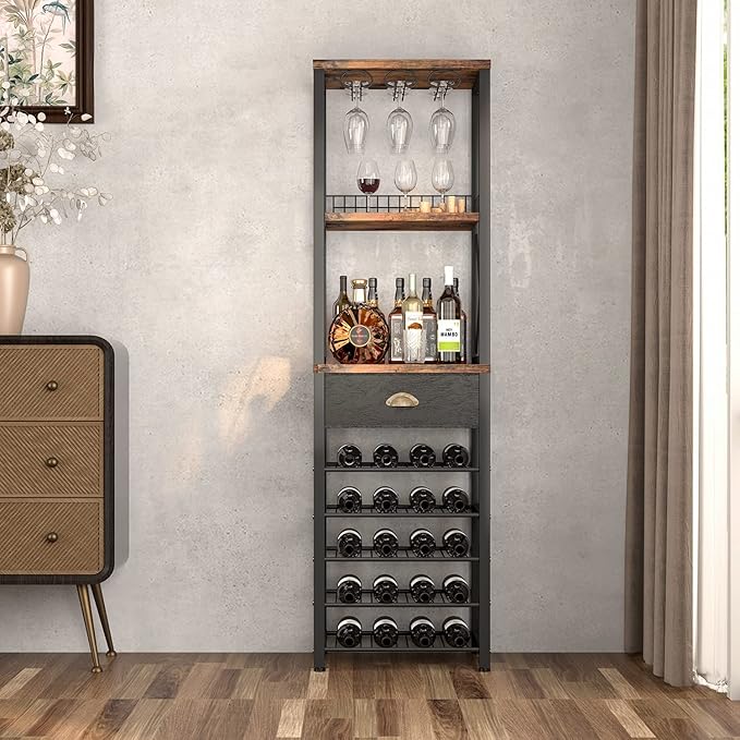 Homeiju Wine Rack Freestanding Floor, Bar Cabinet for Liquor and Glasses, 4-Tier bar Cabinet with Tabletop, Glass Holder, Storage Drawer and Wine Storage for Living Room (Patent No.D29872845)