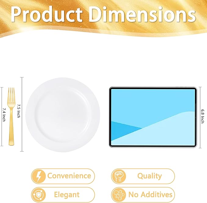 WELLIFE 100PCS White Plastic Dessert Plates and 100PCS Gold Disposable Forks, Premium Hard Dessert Plate 7.5?? Appetizer Plastic Plates for Party and Wedding