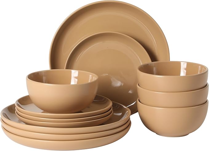 Gibson Home Rockaway 12-Piece Round Stoneware Dinnerware Set, Service for 4 ??Beige Plates and Bowls, Modern Matte Finish, Microwave & Dishwasher Safe