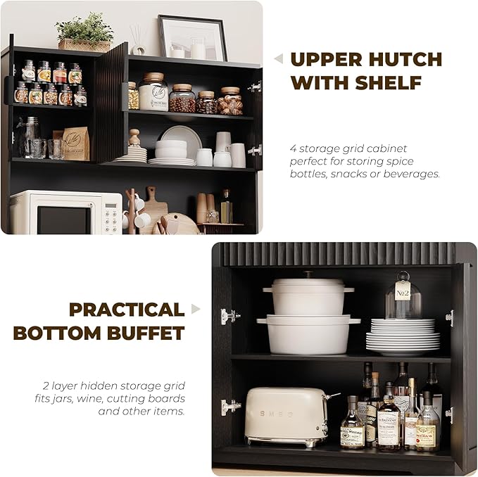 69" Kitchen Pantry with Fridge (Fridge Included), Fluted Coffee Bar Cabinet with Storage Hutch, Tall Wine Bar Cabinets with Drawers & Wide Countertop for Living Room, Dining Room, Black