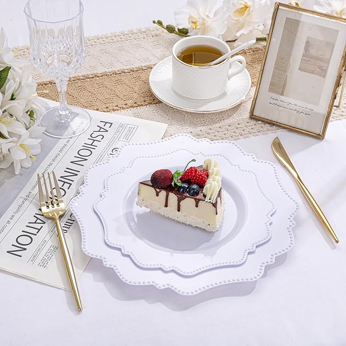 COLOSUS 60PCS White Plastic Plates for 30 guests-Fancy Plastic Beaded Plates,Disposable Christmas plastic plates,Include 30 PCS 10.5" Dinner Plates & 30PCS 8.25" Dessert-Platos for Christmas