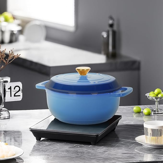 Dutch Oven Pot with Lid, 6 Quart Enameled Cast Iron Dutch Oven, Dual Handles, Kitchen Pots Oven Safe up to 500째F, Stovetop Compatible, Marinate, Cook, Bread Baking, Refrigerate & Serve, Blue