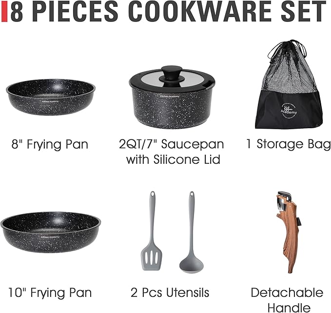 Kitchen Academy Removable Handle Induction Pots and Pans Set - 10 Piece Non-stick Cookware Sets, Black Granite Stackable RV Cookware for Camp