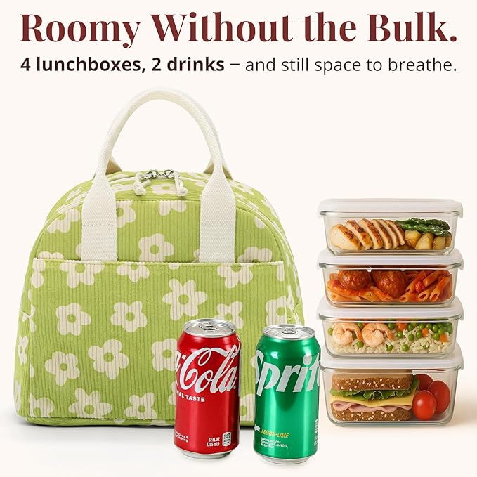 LOVELYWIND Insulated Floral Lunch Bag for Women, Stylish Corduroy Tote with Aluminum Lining, Large Capacity Reusable Cooler for Work, Travel, Beach or Picnic, Creamy Floral Water-Resistant Lunch Box