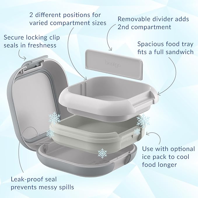 Bentgo Chill Mini Leak-Proof Lunch Box ??Built-In Ice Pack Keeps Food Cold, 2.7-Cup Capacity for Snacks or a Sandwich, 3 or 4 Compartments, PFAS & BPA-Free, Ideal for Adults & Kids 3+ (Crisp Grays)