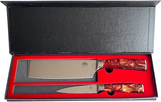 Professional 2-Piece Kitchen Knife Set, Nakiri and Paring Knives, Stainless Steel with Red Marbled Handle (Red)