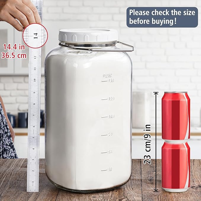 Folinstall 2 Gallon Large Glass Jar with Lid, Wide Mouth Storage Jars with Stainless Handle, Extra Big Glass Container with 2 Scale Mark for Storing Food, Kitchen Organization, 7400 ML/250 OZ