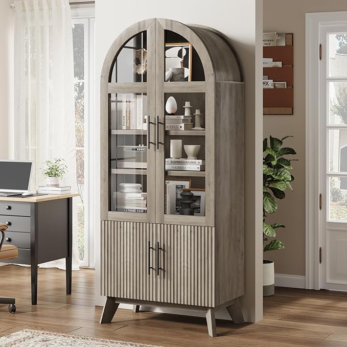 QUW 71" Modern Fluted Display Cabinet, Fluted Arched Pantry Cabinet, Tall Kitchen Storage Pantry with Adjustable Shelf, Storage Cabinet for Living Room, Dining Room, Grey