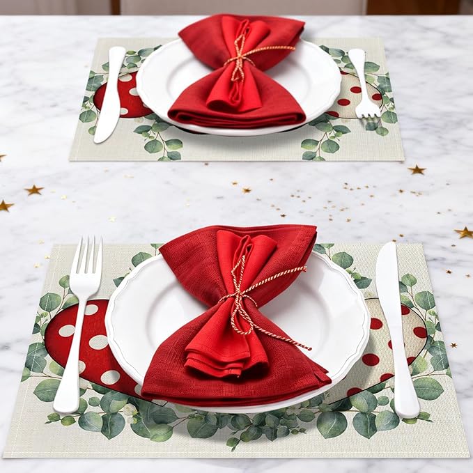 Valentine Placemats Set of 4, 12x18 Inch Eucalyptus Hearts Table Mats, Seasonal Anniversary Holiday Valentines Day Table Decorations for Kitchen Dining Home Party Decor