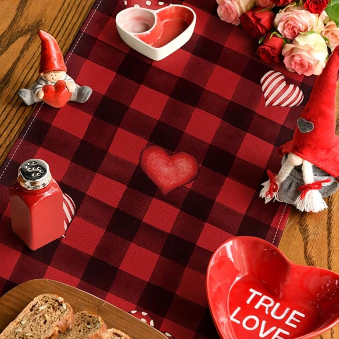 Artoid Mode Black Red Buffalo Plaid Hearts Truck Love Valentine's Day Table Runner, Kitchen Dining Table Decoration for Home Party Decor 13x72 Inch