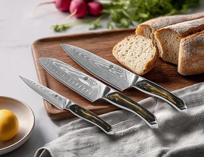 Damascus Knife Set 3 PCS: Ultra-Sharp Professional Chef Knife Set, Japanese Kitchen Knives with VG10 Steel Core, Full Tang Resin Handle, Christmas Elegant Box