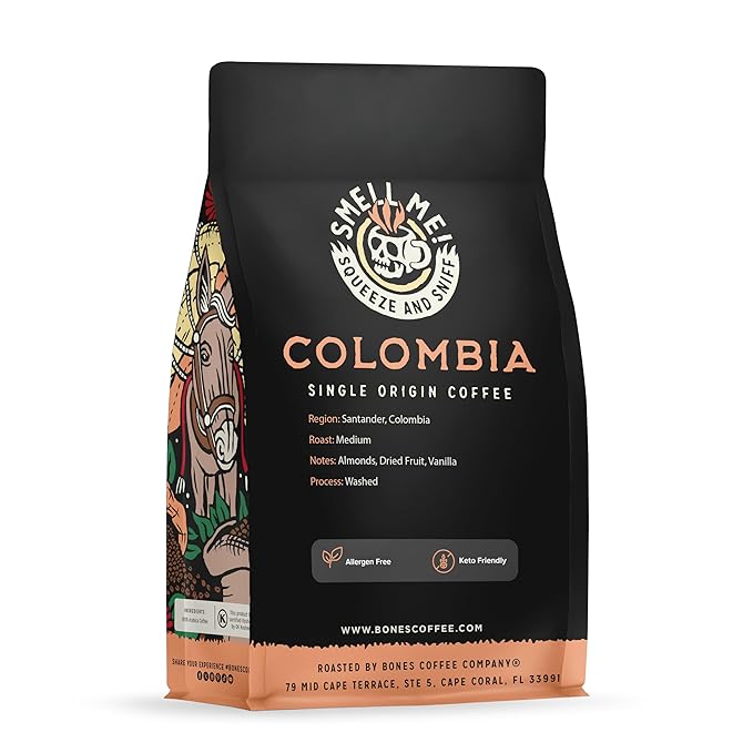 Bones Coffee Company Colombia Single-Origin Coffee, Almonds, Dried Fruit, Vanilla Notes, Flavored Ground Coffee, Medium Roast Low Acid Arabica Beans for Coffee Maker, 12 oz Ground