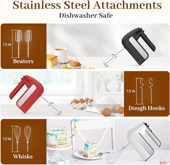 5-Speed Electric Hand Mixer, 800W Handheld Mixer with Turbo for Baking & Cooking, Kitchen Food Mixer with Storage Case & 6 Stainless Steel Attachments (2 Beaters, 2 Dough Hooks, 2 Whisks)-Red