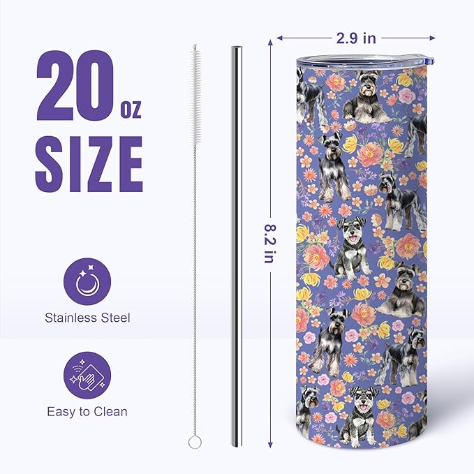 Yogusut Schnauzer Gifts for Women, 20oz Stainless Steel Insulated Tumbler Travel Mug Cup with Lid Straw Brush, Gifts for Dog Mom Dog Lover
