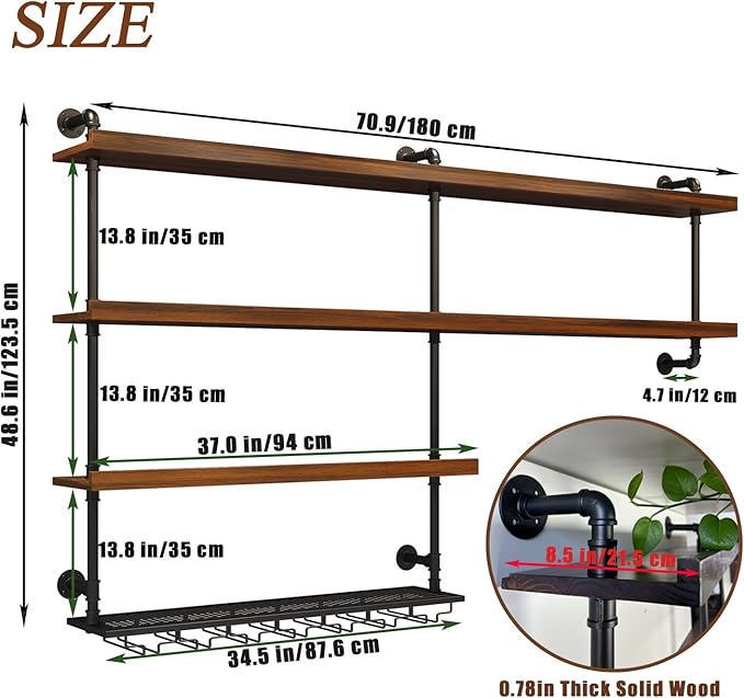 Solid Wood Wall Mounted Wine Rack, Large Wine Rack with LED Light, 4 Tiers Liquor Bottles Floating Shelves with Glass Holder, Industrial Bar Shelves for Home Bar Dining Room (70.9 IN/ 180CM)