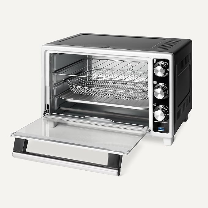 Amazon Basics 6-Slice 23-QT Toaster Oven with Built-In Air Fryer, 7-In-1 Cooking Options, 60-Min Timer & Adjustable Temperature (200??- 450??, With Accessories, 1500W, Stainless Steel, Silver/Gray