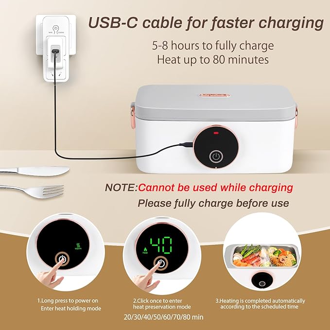 Iridesc Self Heating Lunch Box, 1L Battery Powered Lunch Box with Automatic Heating, 16000mAH Rechargeable Battery Provid Rapid Heating, Designed for Car, Office, Travel, Picnic & outdoor