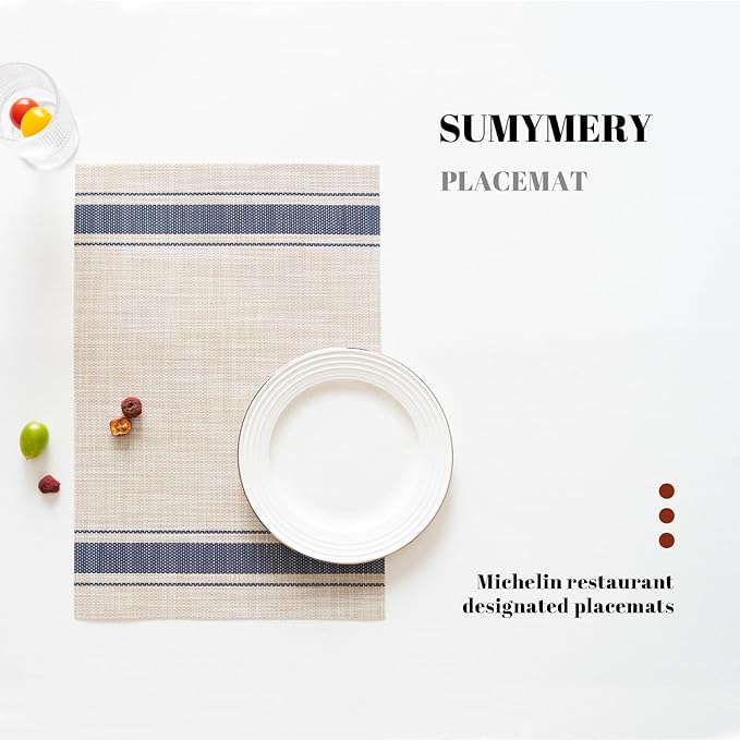 SUMYMERY Placemats Set of 6 Vinyl/Plastic Woven Place Mats for Kitchen Table Indoor/Outdoor Washable Placemat Wipeable Dining Table Mats (Khaki Blue,6)